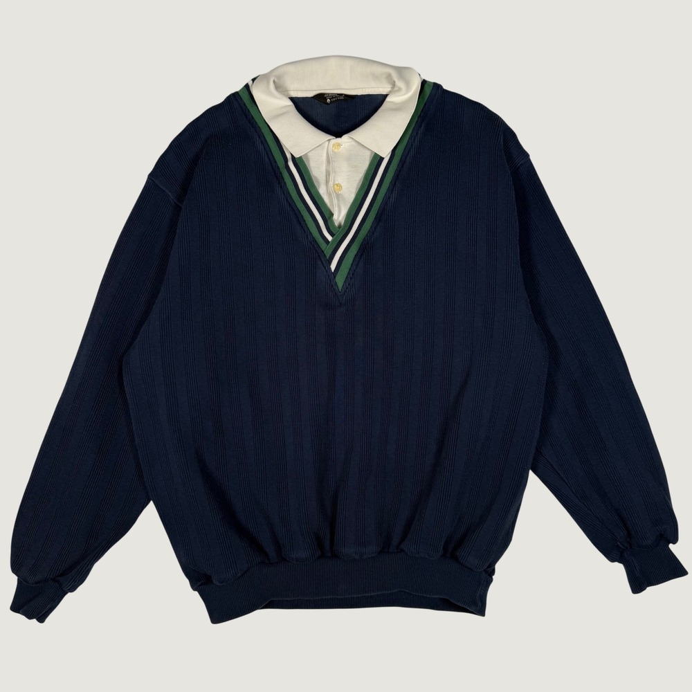 Vintage St Michael Navy Blue Ribbed V-Neck Sweater Polo Insert Mens XL Cotton